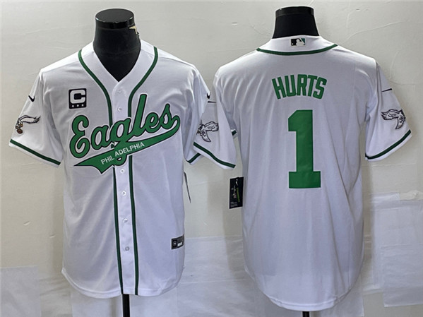 Men's Philadelphia Eagles #1 Jalen Hurts White With C Patch Cool Base Stitched Baseball Jersey